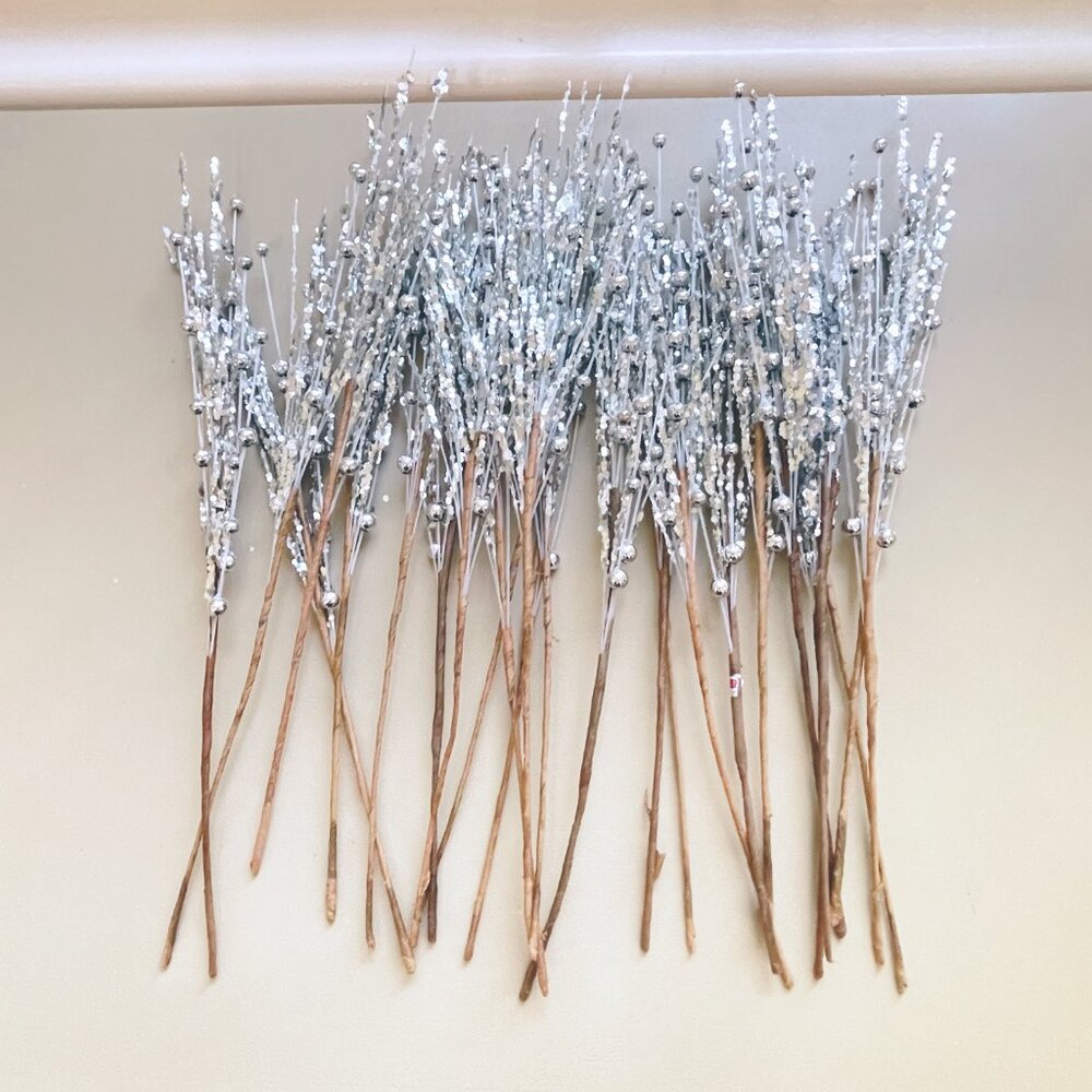 Sprays Stems Picks Silver Glitter Beaded 12" Faux Floral Tree Craft Set of 25 - Picture 5 of 5